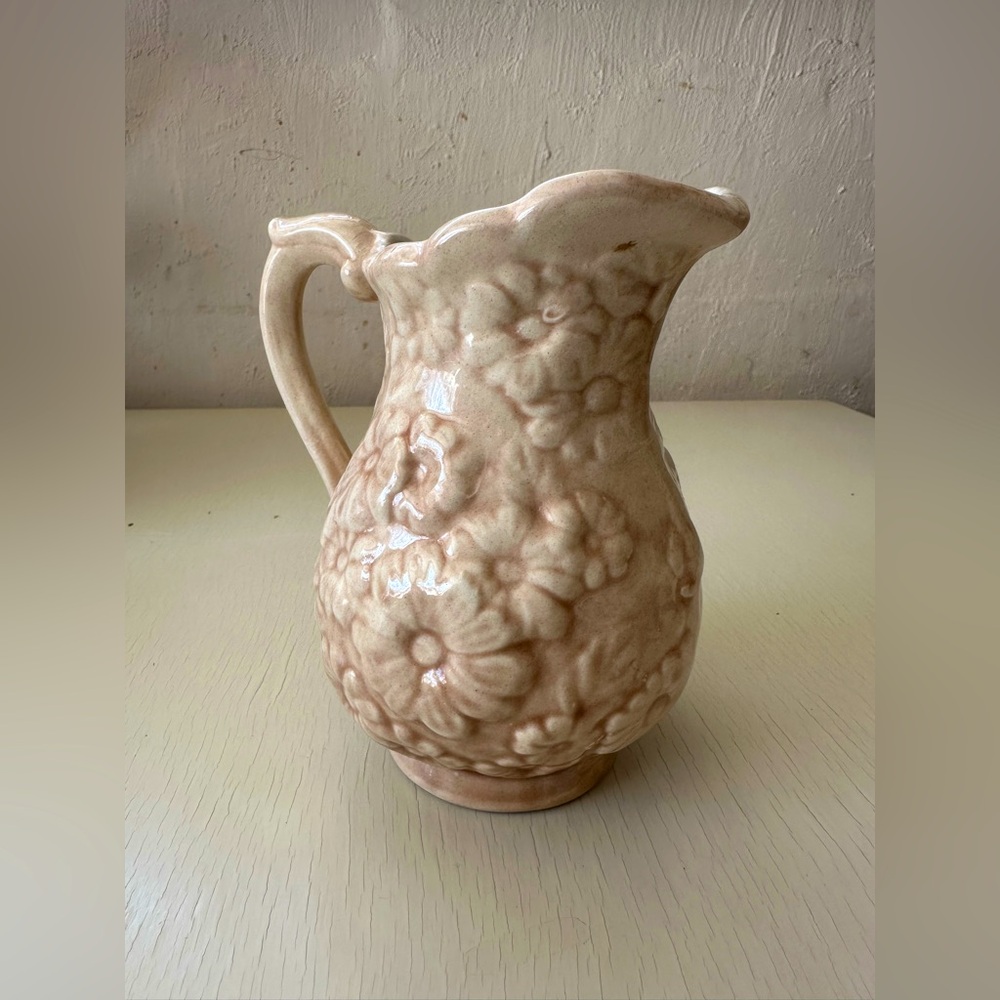 Vintage All-Over Floral Relief Pitcher Jug Ivory/Tan